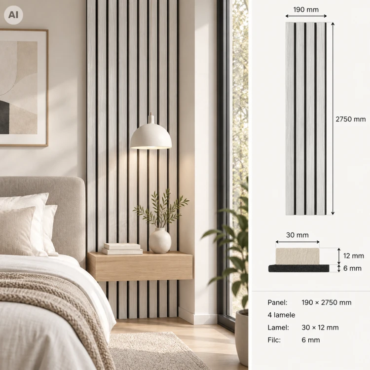 Panel lamelowy ścienny Prestige Decor, dąb stary – 4 drewniane lamele z widocznym usłojeniem na czarnej podstawie z filcu