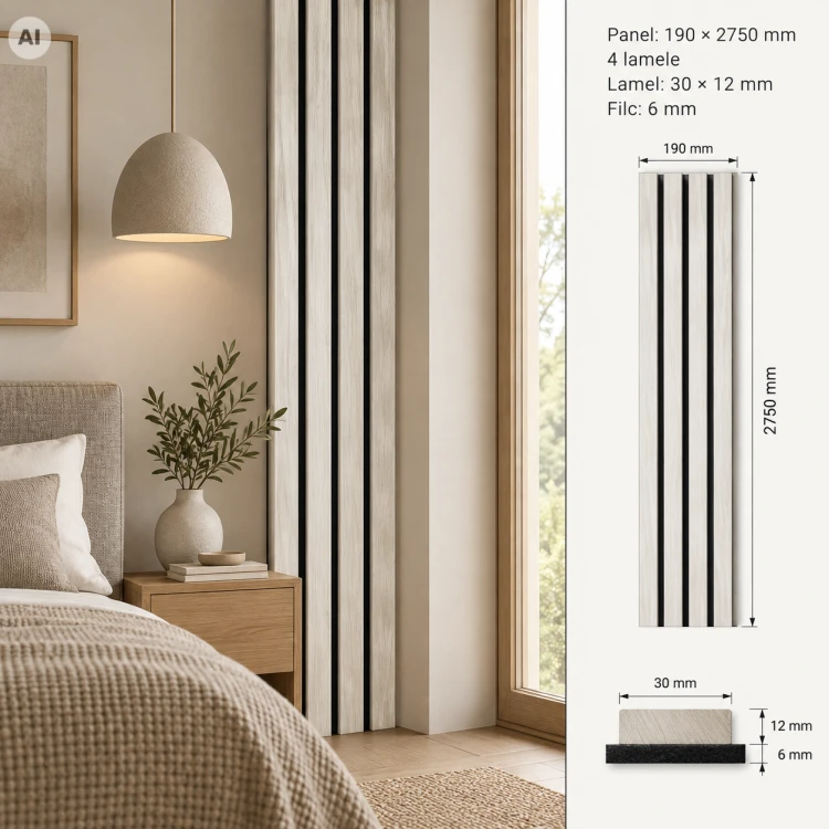 Panel lamelowy ścienny Prestige Decor, szampański – 4 drewniane lamele z widocznym usłojeniem na czarnej podstawie z filcu
