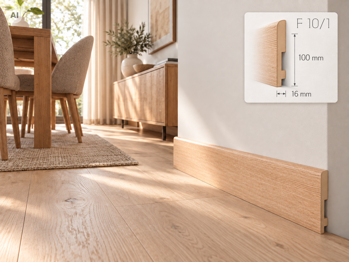 Listwa przypodłogowa Prestige Decor F 10/1 100x16mm – naturalny fornir dębowy, zaokrąglona górna krawędź