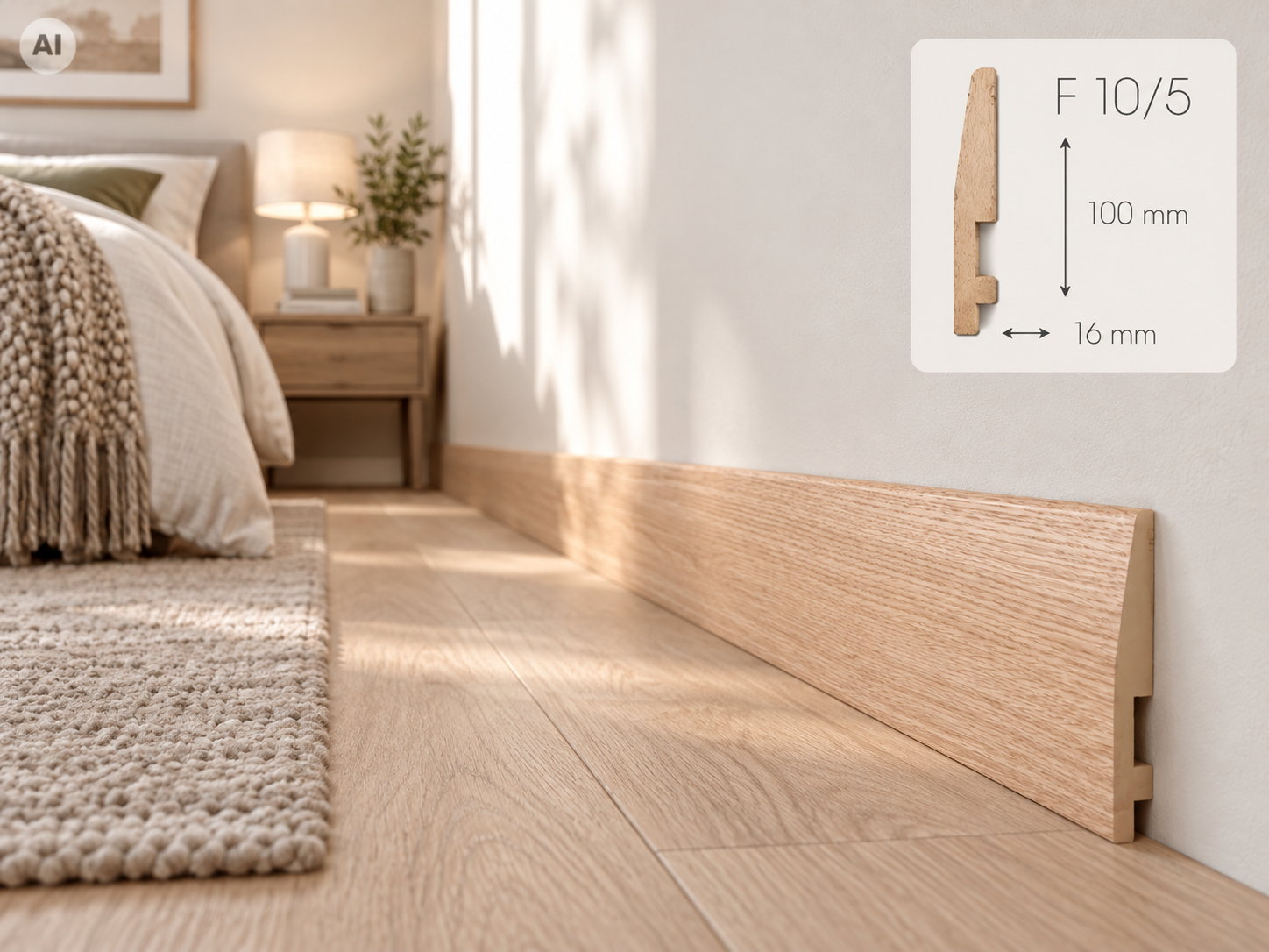 Listwa przypodłogowa Prestige Decor F 10/5 100x16mm – naturalny fornir dębowy, wyraźnie ścięta górna krawędź