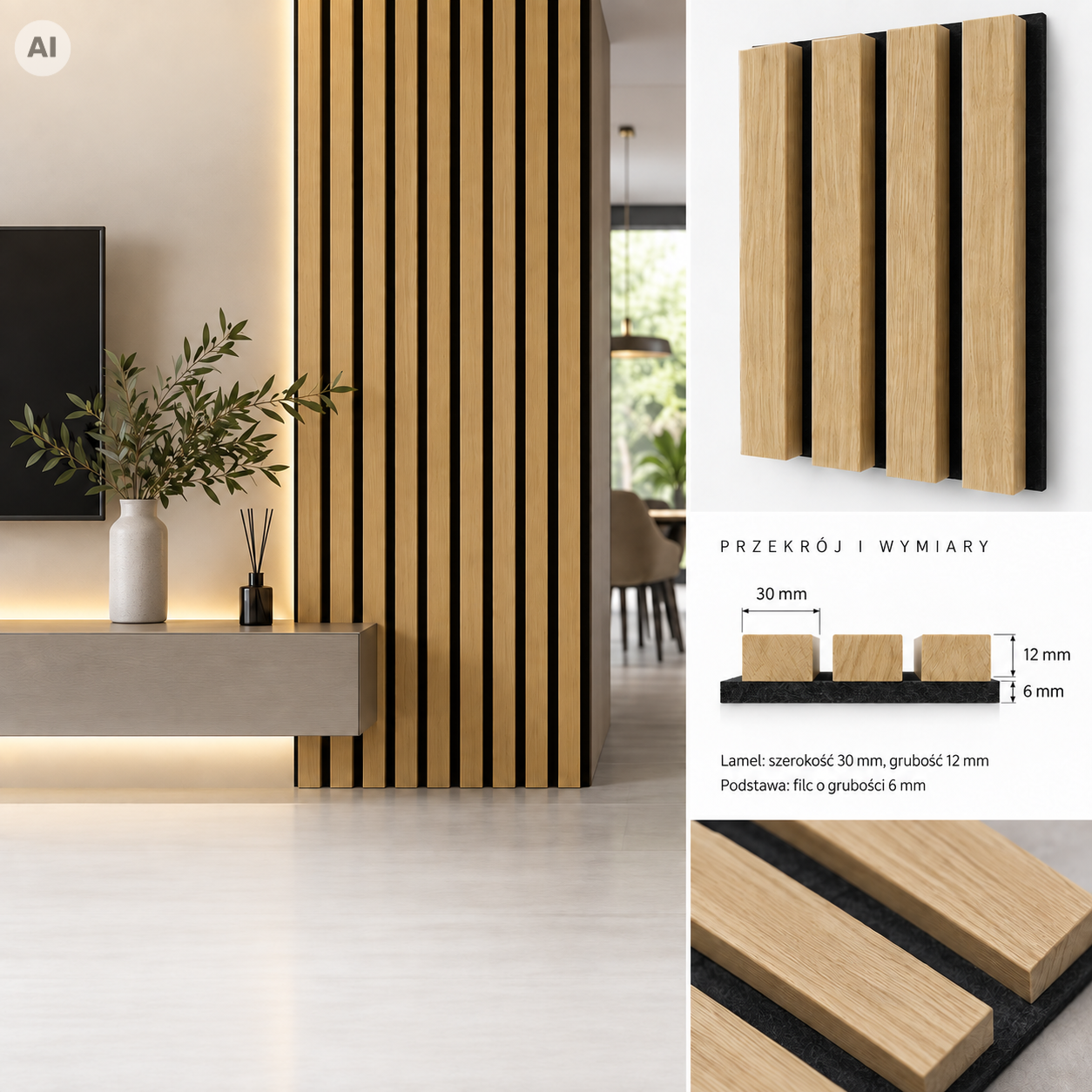 Panel lamelowy ścienny Prestige Decor, dąb saragossa – 4 drewniane lamele na czarnej podstawie z filcu